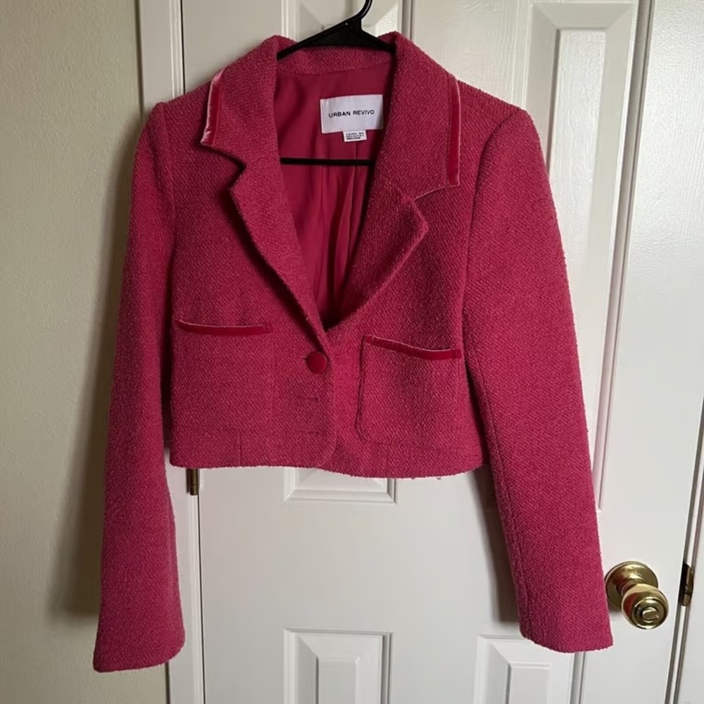 Urban Revivo Women Tweed Blazer, Hot Pink, Size S